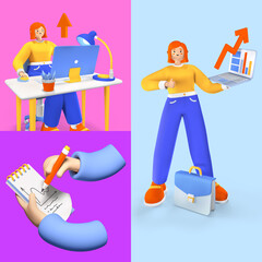 Work in office - realistic colorful 3d illustration set