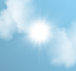 Naklejka na ściany i meble Realistic gold sun in PNG transparent vector cloud. Vector star gold star on a transparent dark background. Summer blue sky background with clouds and bright sun light. 