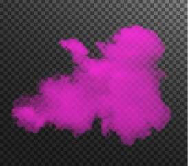 Vector isolated smoke PNG. Pink smoke texture on a transparent black background. Special effect of steam, smoke, fog, clouds.