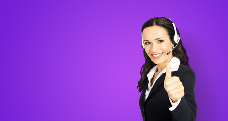 Call center service. Customer support phone sales operator in headset showing thumb up hand sign gesture, violet purple background with copy space area for text.