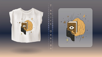 Vector mockup of white female t-shirt with abstract graphic print of spell book with eye, magic witchcraft elements. Retro vintage art for casual style clothes, trendy boho cotton shirt, modern merch