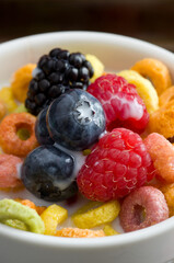 Close View of Colorful Cereal with Raspberries, Blueberries and Blackberries