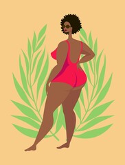 Beautiful plump girl. African American woman in swimming suit. Body positive. Plus size female body. Flat vector illustration. - 509642430