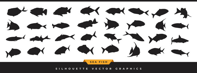 Naklejka premium Sea fish silhouette. Collection of ocean fish silhouette. Hand-drawn sea animals vector icons set are illustrated in different poses isolated on white background.