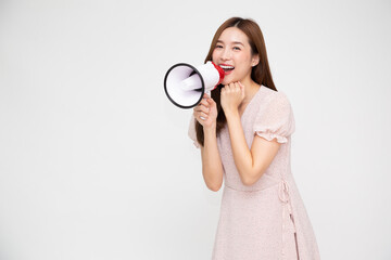 Young Asian woman holding megaphone isolated on white background, Speech and announce concept
