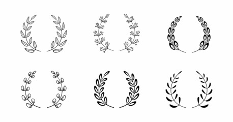 Laurels vector set. Set of different linear laurel leaves. Wheat and olive wreaths for victory, triumph.
