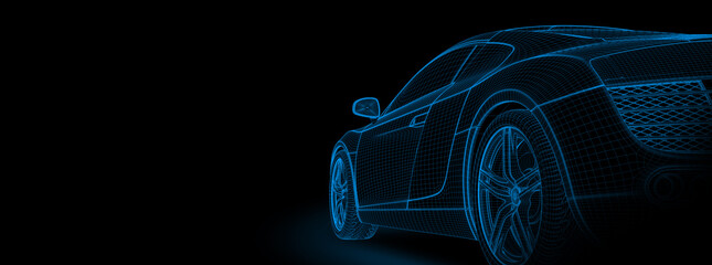 Wireframe of a generic and unbranded sport car. 3D illustration - obrazy, fototapety, plakaty