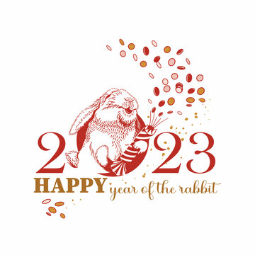 Greeting card for the New Year of the Rabbit 2023. Rabbit with a clapperboard and confetti on the white background. Happy New Year Bunny. Joyful hare label. Souvenirs, congratulations, banner.