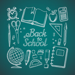 Back to school. Hand drawn lettering with the set of doodle icons of school supplies: schoolbook, notebook, stationary, pen, pencil, marker, globe, alarm clock, calculator. Vector illustration