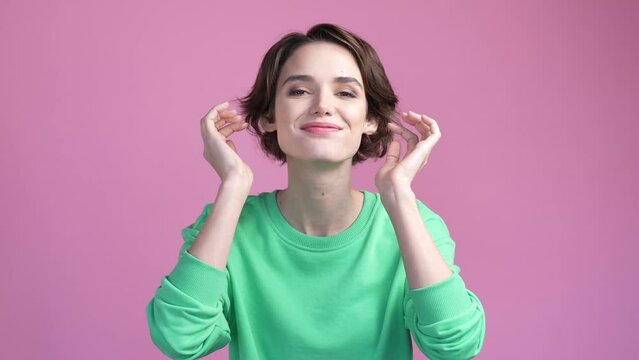 Lovely lady prepare herself festive event isolated pastel color background