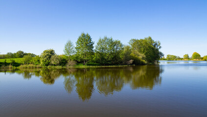 lake and trees and blue sky, reflection in the water