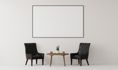 Blank picture frame mockup in modern interior living room, minimal style. 3D rener illustration.