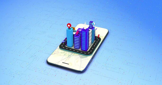 Isometric 3D Futuristic Smart City On Smart Phone. Artificial Intelligence. Technology Related 3D 4K Motion Graphics.