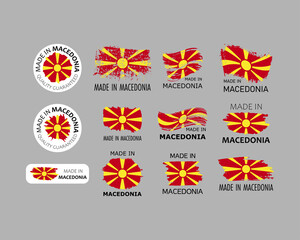 Set of stickers. Made in Macedonia. Brush strokes shaped with Macedonian flag. Factory, manufacturing and production country concept. Design element for label and packaging. Vector illustration.