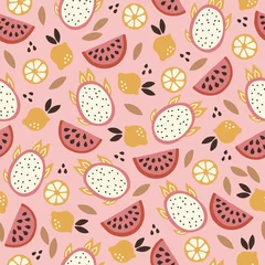 Muurstickers Summer seamless pattern with watermelon slices, lemons, leaves, dragon fruit © miumi