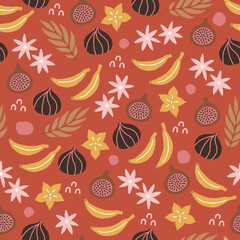 Tropical seamless pattern with figs, bananas, flowers, carambola, palm leaves