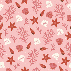 Summer seamless pattern with shell, starfish, corals on pink background