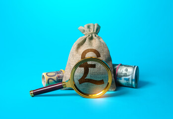 British pound sterling money bag and magnifying glass. Anti money laundering, tax evasion. Deposit or loan terms conditions. Find investment funds for business project. Investigating capital origins.