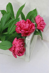 peony flowers in a wooden box bouquet, basket, bouquet of flowers on a white background,