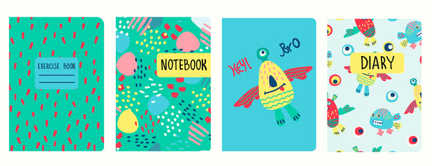 Cover page templates based on patterns with hand drawn funny monsters, fantasy shapes and Hey Bro lettering. Background for school notebooks, kids diaries, albums