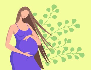 A beautiful pregnant girl holds her hands on her belly. Happy pregnancy. Flat cartoon vector illustration. Poster with pregnant woman with long hair and place for text. - 509647494