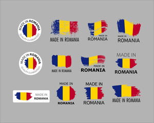 Set of stickers. Made in Romania. Brush strokes shaped with Romanian flag. Factory, manufacturing and production country concept. Design element for label and packaging. Vector colorful illustration.