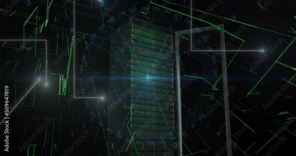 Poster blue light trails and data processing over computer server against black background