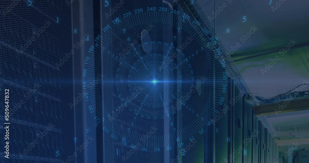 Poster blue spot of light and data processing against empty computer server room