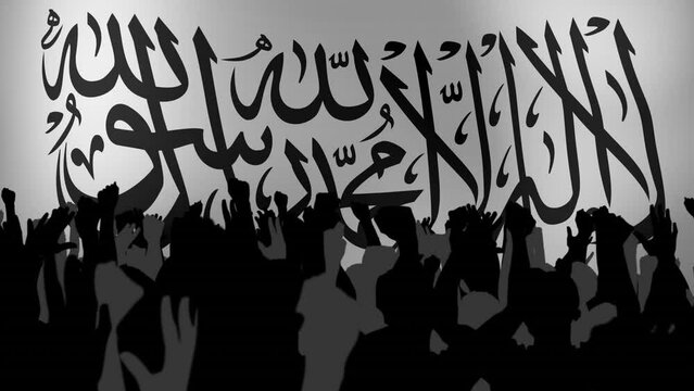 Animation of flag of taliban over people with raised hands