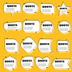 Quote box frame big set for colorful design of speech quotation marks. Templates of texting black line quote frames for definition, remark, and citation design ,Vector illustration. Writing box
