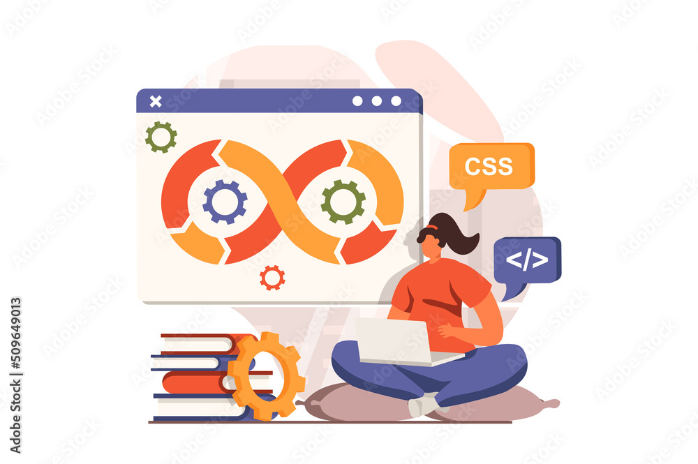 Aufkleber devops web concept in flat design. woman working at laptop, creates software and programming code, d