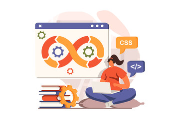 DevOps web concept in flat design. Woman working at laptop, creates software and programming code, doing project management. Development operations practice. Illustration with people scene