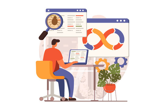 DevOps web concept in flat design. Man working at laptop, testing, engineering and programming, create software at office. Development operations practice. Illustration with people scene