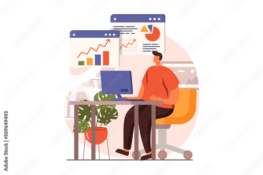 Poster Digital business web concept in flat design. Man analyzing financial statistics at laptop, create strategy, invest money in startup. E-commerce and e-business. Illustration with people scene