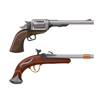 Pistol guns, firearm or steampunk magnum revolver