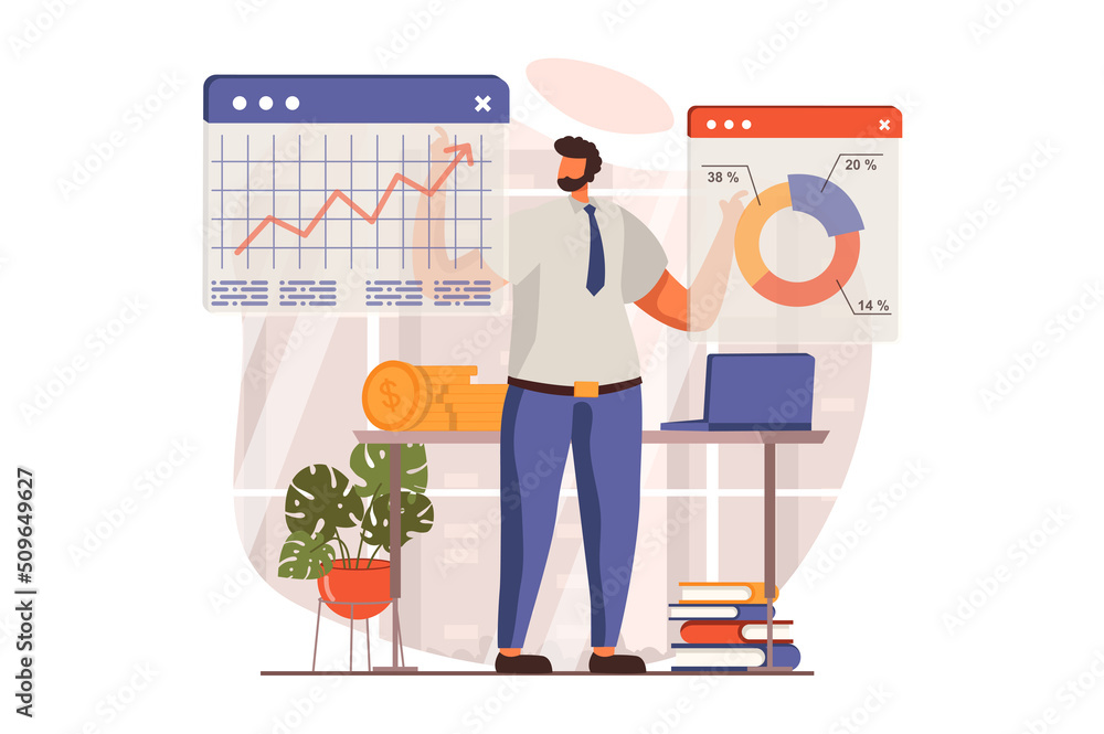 Leinwandbilder Digital business web concept in flat design. Man analyzing financial data infographic, develops and promotes company, increases profit. E-commerce and e-business. Illustration with people scene