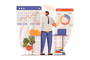 Digital business web concept in flat design. Man analyzing financial data infographic, develops and promotes company, increases profit. E-commerce and e-business. Illustration with people scene