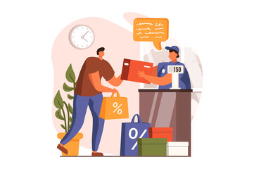 Discount store web concept in flat design. Happy man making purchases and paying for goods at checkout in shop. Smart shopping and loyalty program for clients. Illustration with people scene