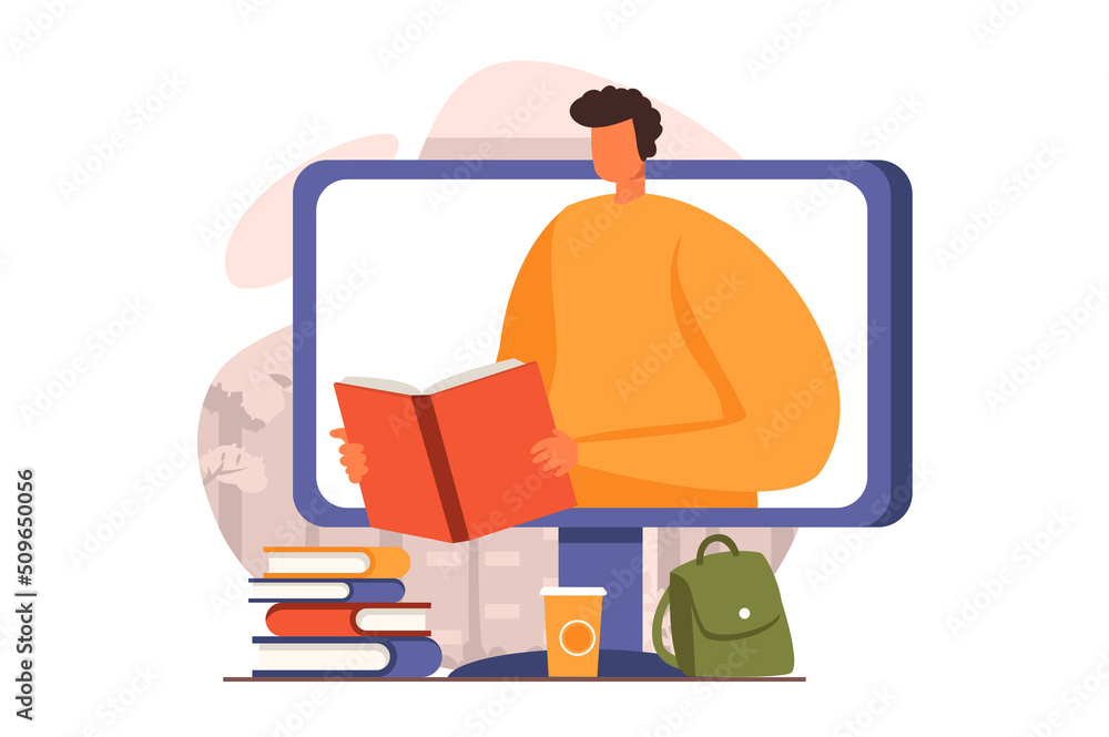 Fototapete distant learning web concept in flat design. student reading e-book and studies on computer, making 