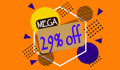 Mega discount sale banner. 29% off for big online sales on the web. Poster with different shapes for promotion.