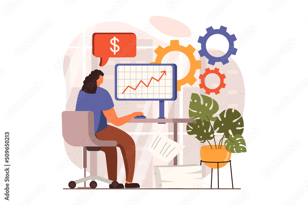 Poster Financial analysis web concept in flat design. Woman works on computer, analyzes data, makes report and calculating budget. Audit, investment and accounting. Illustration with people scene