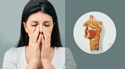 Unhealthy woman holding hands her nose because she has maxillary sinusitis. Sinusitis, frontitis