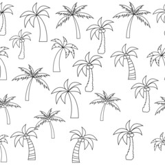 Seamless pattern of palm trees with coconuts in line style. Vector.