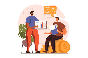 Financial analysis web concept in flat design. Men analyzing data and discussing marketing research, create invest strategy. Audit, investment and accounting. Illustration with people scene