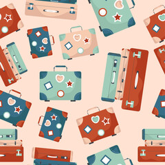 Seamless pattern with suitcase, travel luggage in light color.