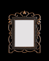 Old 4x5cm copper photo frame close-up view isolated on black background