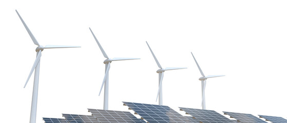 Power energy Concept. Solar panel and wind turbine generators isolated on a white background. copy space, banner, website, poste - 3d rendering