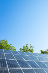 Photovoltaic solar panels on sunset sky background,green clean energy concept.