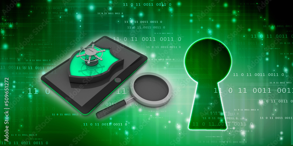 Poster 3d rendering shield protection lock on transmitter mobile with lens