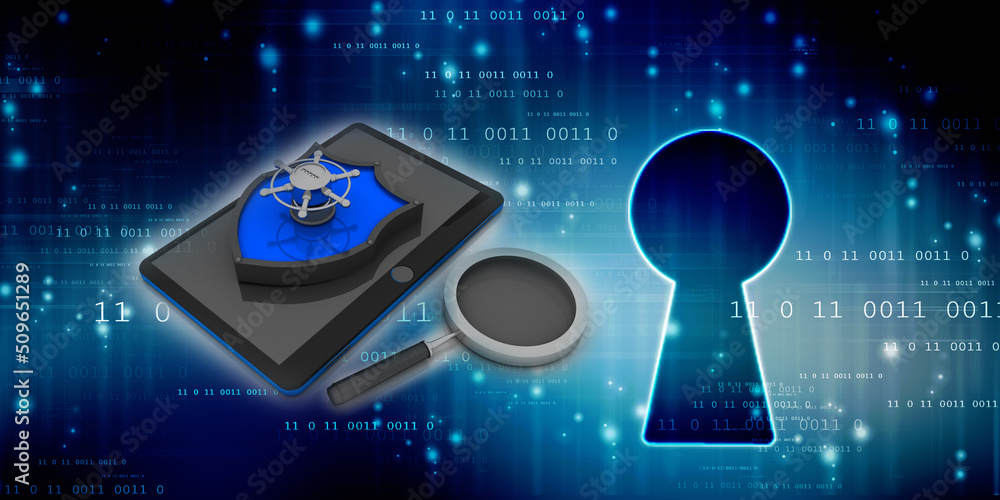 Poster 3d rendering shield protection lock on transmitter mobile with lens
